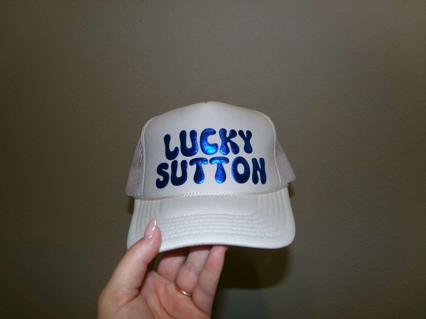 White/royal blue trucker hat