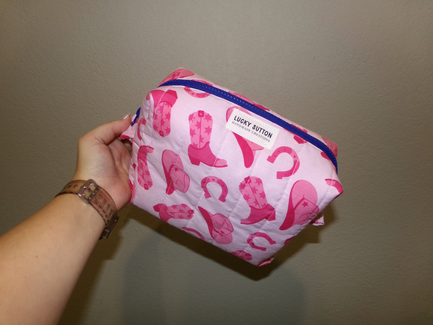 Pink western cowboy/thrifted towel makeup bag - size small