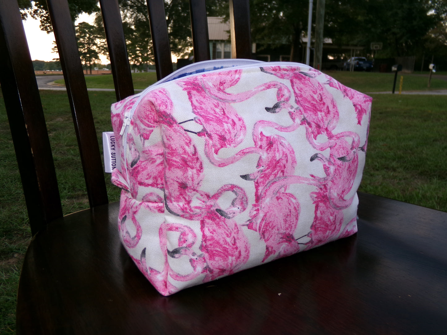 Pink flamingo / blue gingham- size small