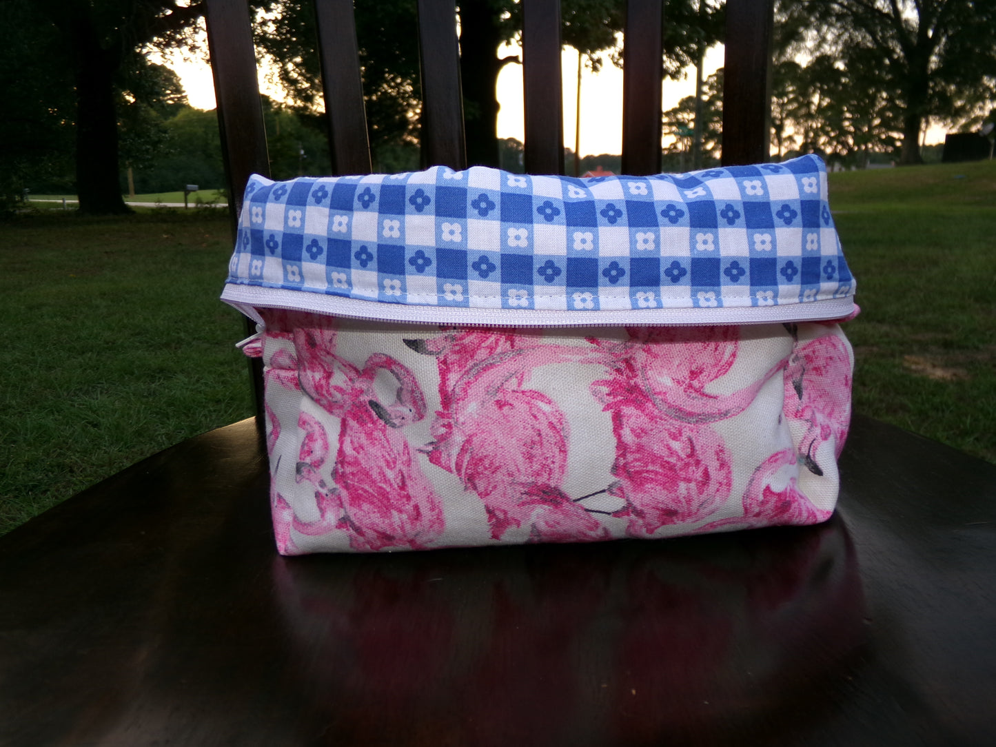 Pink flamingo / blue gingham- size small