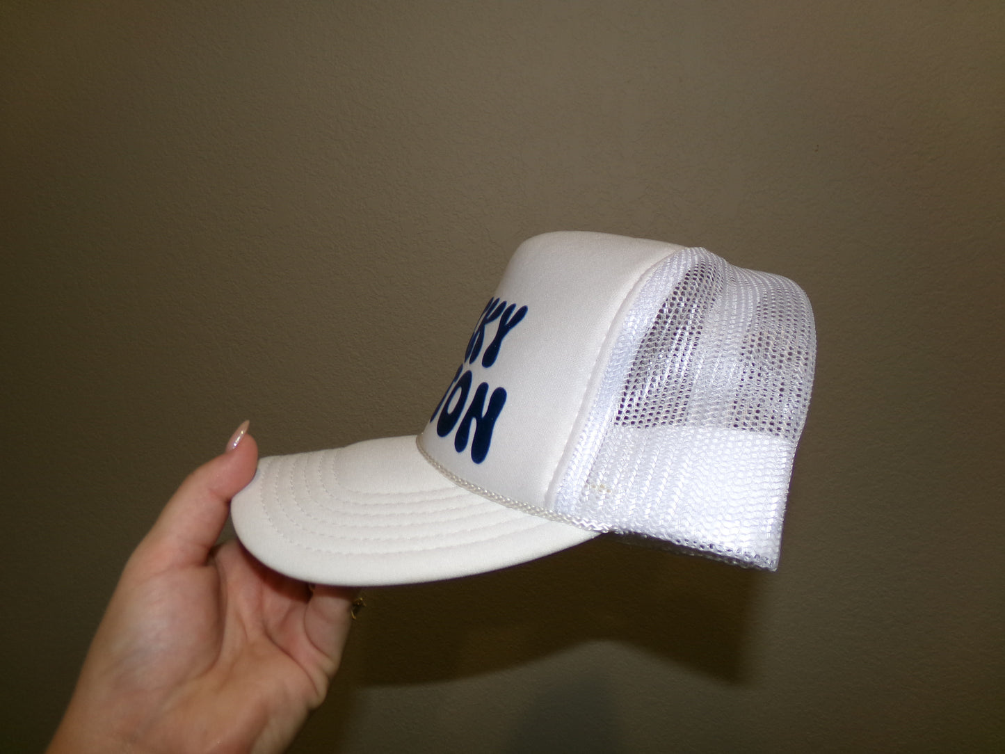 White/royal blue trucker hat