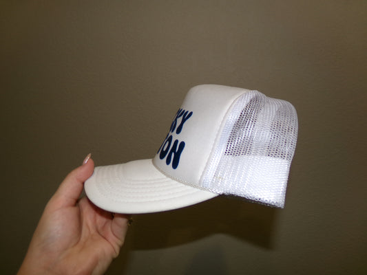 White/royal blue trucker hat