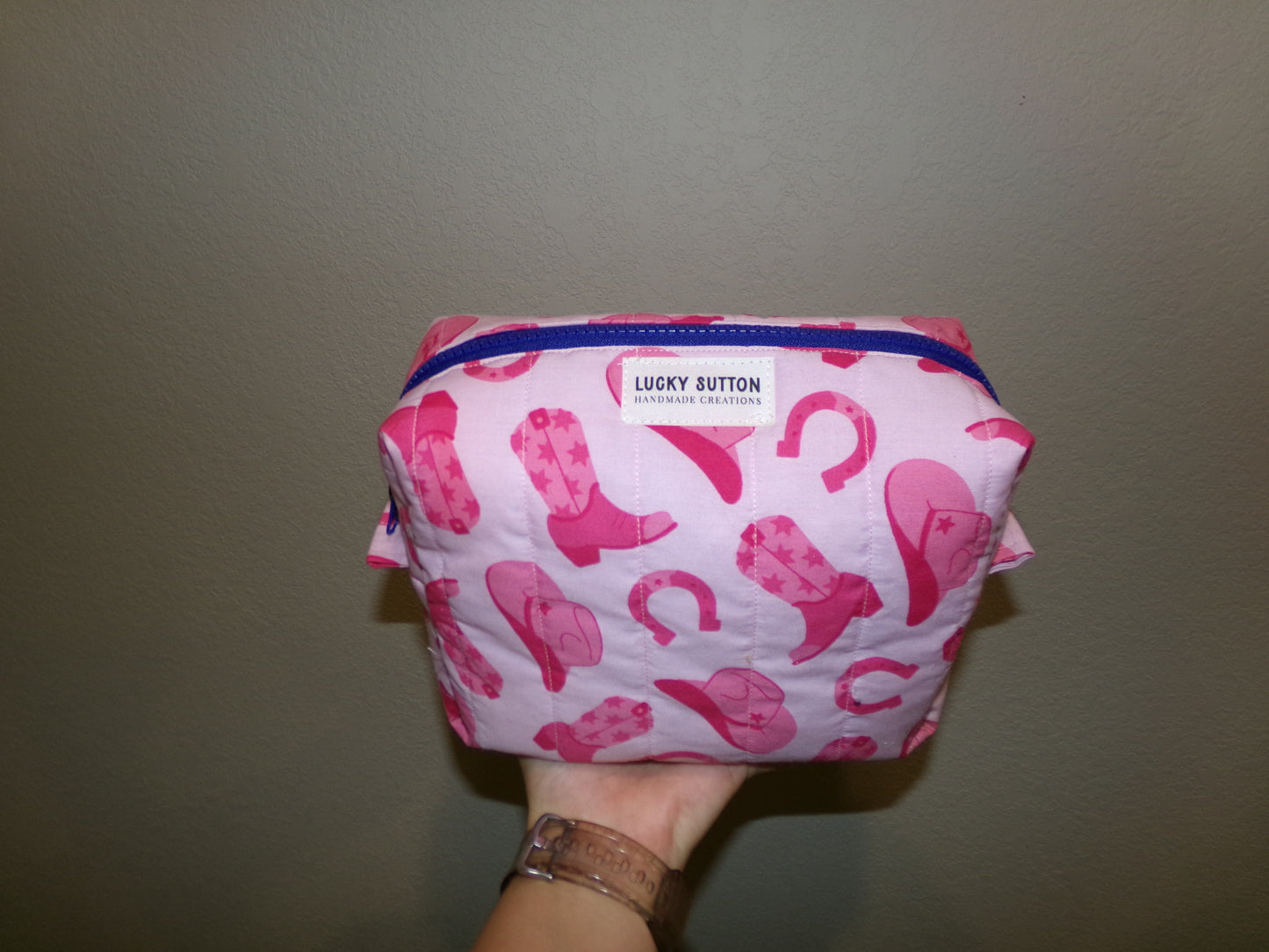 Pink western cowboy/thrifted towel makeup bag - size small