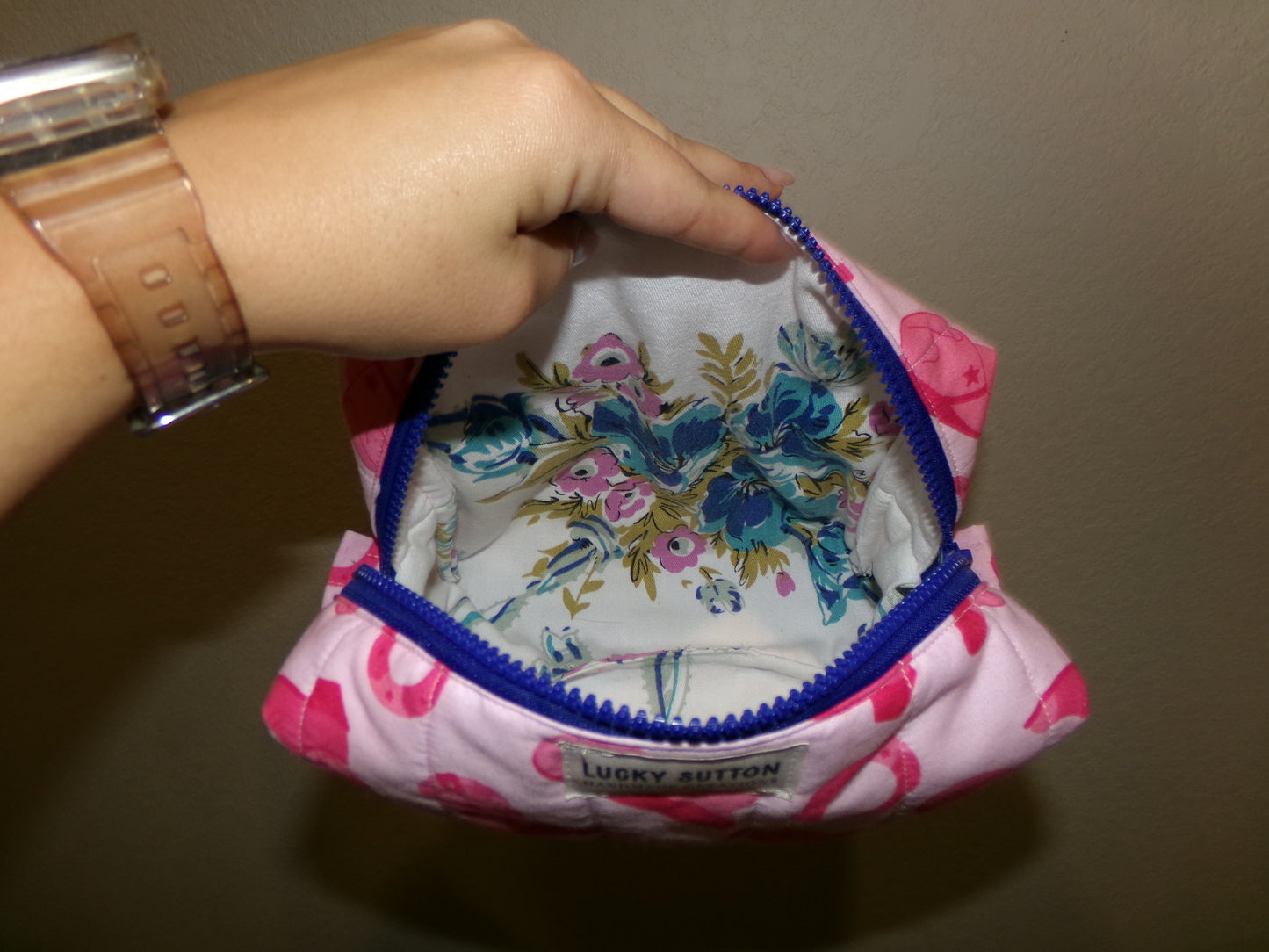 Pink western cowboy/thrifted towel makeup bag - size small