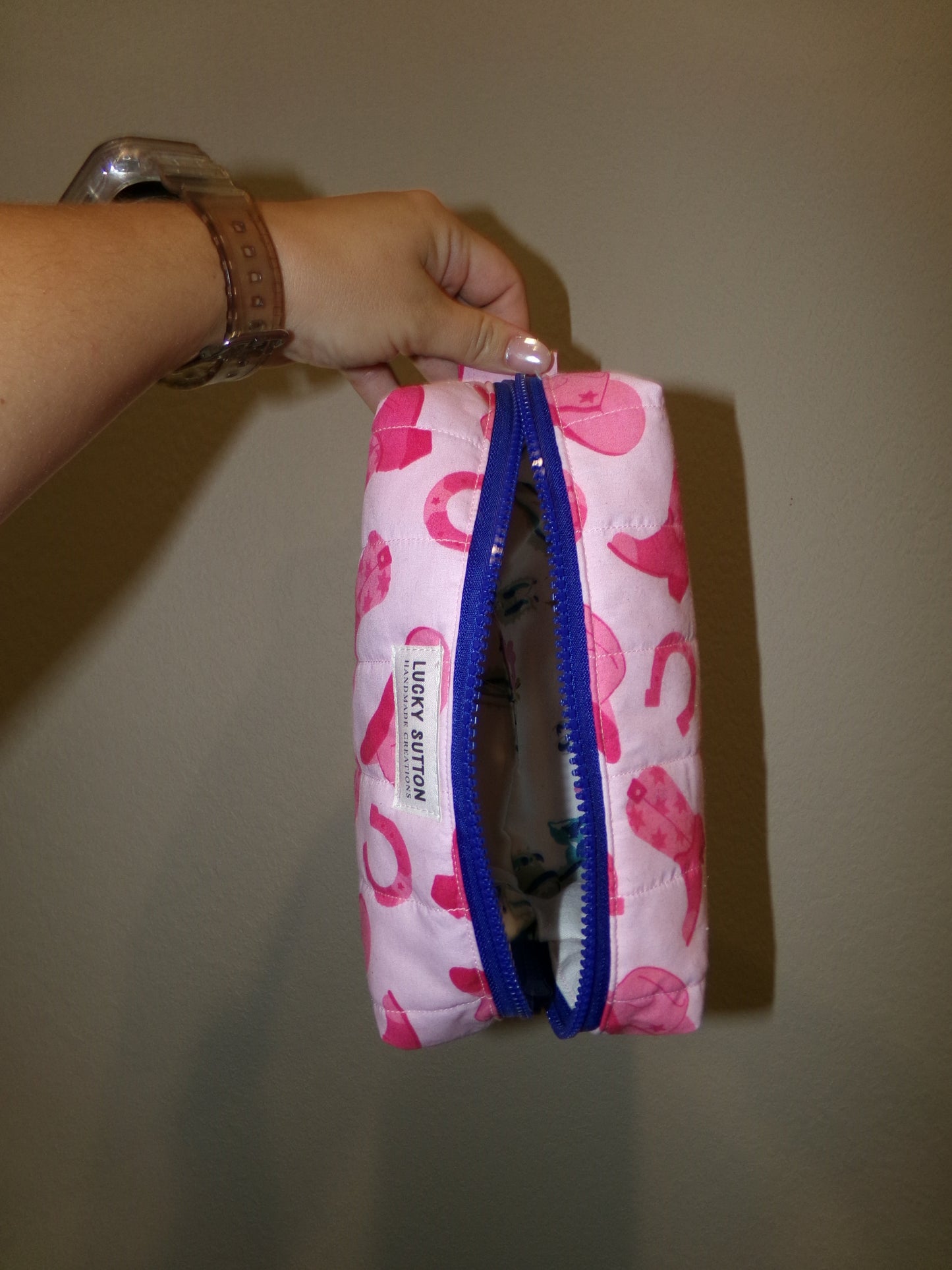 Pink western cowboy/thrifted towel makeup bag - size small